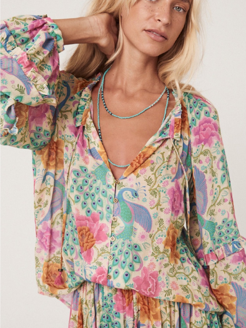 Spell Floral Peacock Print V-Neck Blouse - Multicolor